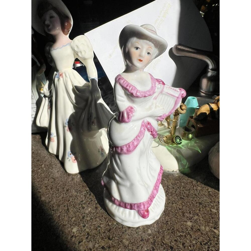 Vintage Porcelain Figurine Woman in White Dress with Pink Accents